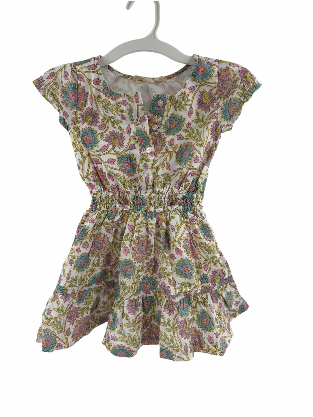 Hope & Henry Girls Floral Smocked Waist Dress White Pink & Teal Flowers 4T